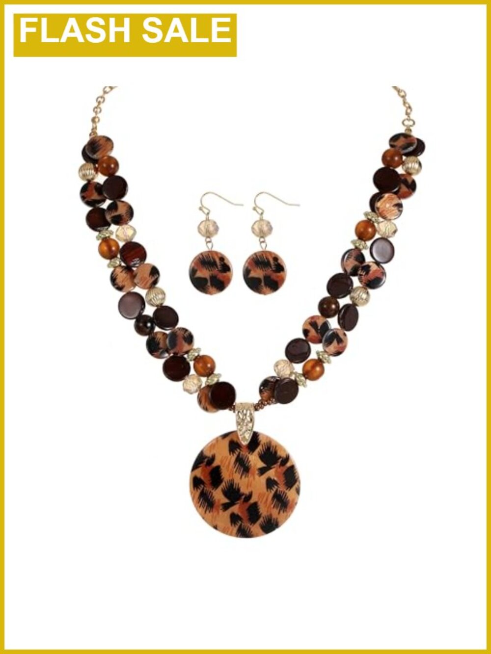 Chunky Layered Bead Necklace Earring Set Glass Stone Shell Pendant